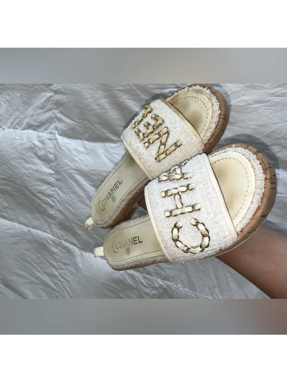 CHANEL Cream Tweed Chain Logo Slide Mules